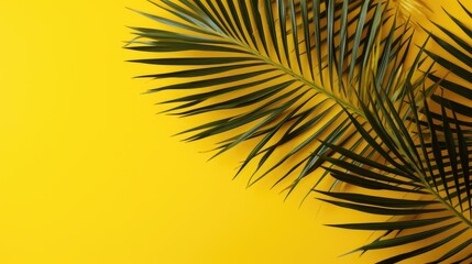 Palm tree with tropical leaves on a yellow background with a place to copy text, an even layer of green tropical leaves. The concept of recreation, tourism, and sea travel.