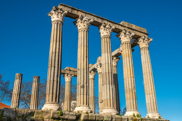 Ruins of the Roman Temple, 1st century AD, Evora, Alentejo, Portugal. One of the best preserved roman temples in the Iberian Peninsula and a UNESCO World Heritage site.