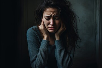 Depressed woman crying with head up on hands on dark background