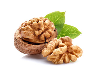 Walnuts with leaves on white background