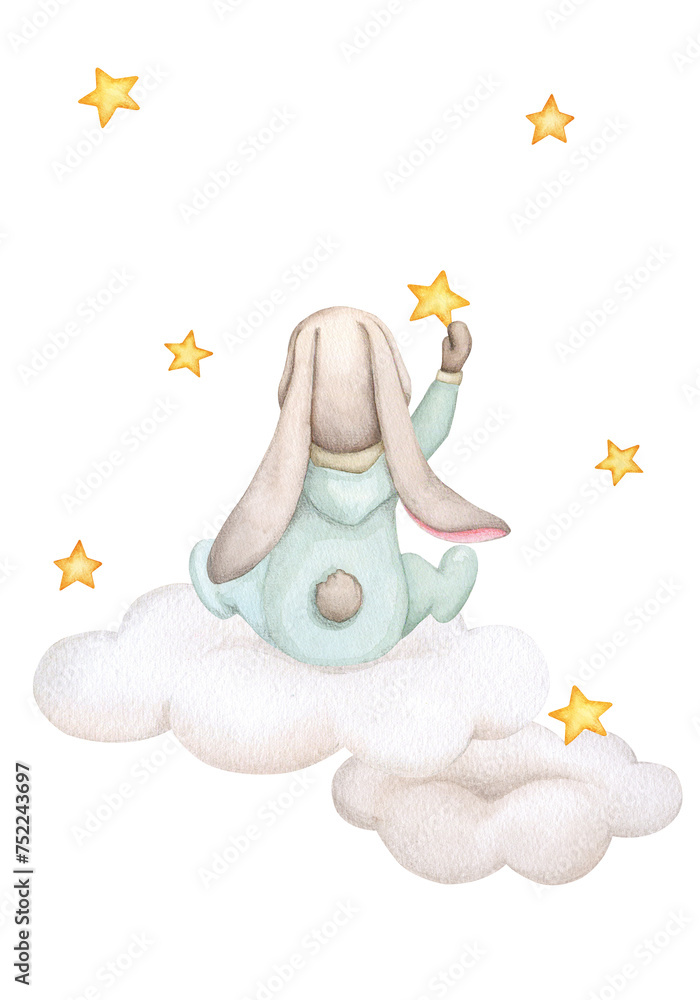 Wall mural Baby bunny flies on a cloud. Children's illustration. Hand drawn watercolor. Baby shower, birthday, children's party. Clipart for print, invitation, poster, greeting card, postcard.
