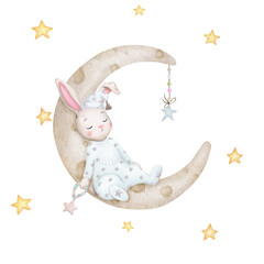 Cute bunny sleeping on the moon. Children's illustration. Hand drawn watercolor. Baby shower, birthday, children's party. Clipart for print, invitation, poster, greeting card, postcard,  logos, etc.
