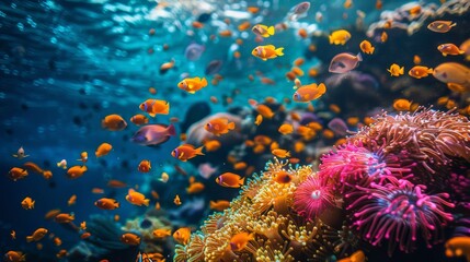 Naklejka na ściany i meble Group of Fish Swimming Over Coral Reef
