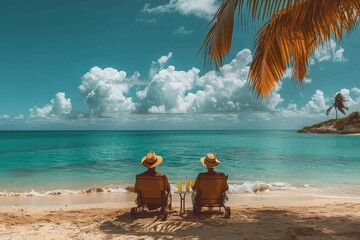 Senior pair unwinding with drinks on sun loungers, overlooking serene beach scene