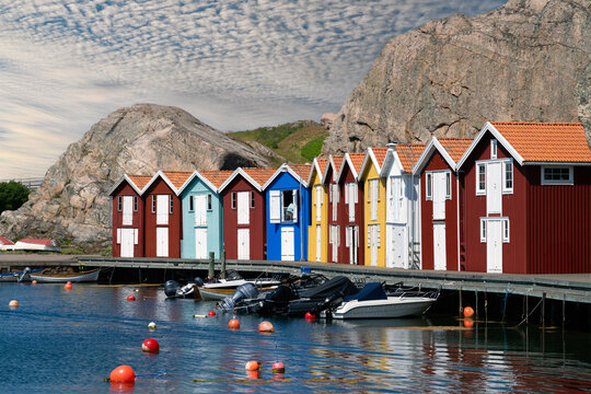 Colorful boathouses in Sm&ouml;gen on the Swedish West Coast. Popular tourist destination.