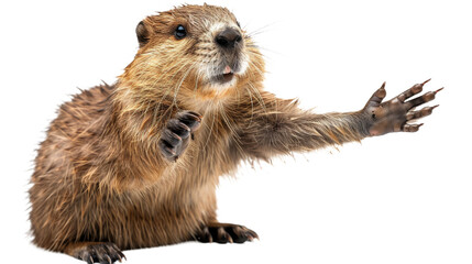 A charming image of a beaver appearing to wave its paw as if in greeting, capturing the animal's...