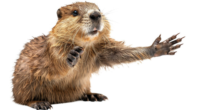 A charming image of a beaver appearing to wave its paw as if in greeting, capturing the animal's dynamic fur texture