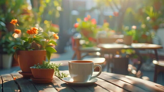 A cup of coffee on a table overlooking the garden at a cafe Seamless looping time-lapse 4k animation video background