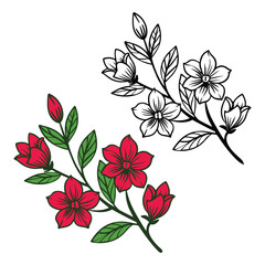 Hand drawn flat color flower with leaves vector and line art