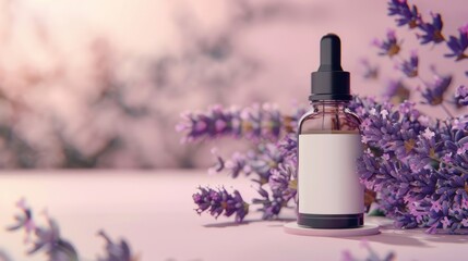 Obraz na płótnie Canvas A black dropper bottle with a white blank label, standing among lavender blossoms. Concept: mockup of natural products, essential oils, or herbal remedies