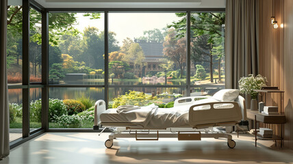Pristine white hospital bed by a large window overlooking a tranquil garden