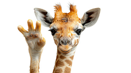 A charming giraffe with detailed spots and a warm expression is making a greeting hand gesture, isolated on white