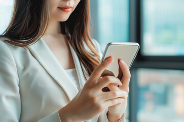 Close up of businesswoman using mobile smart phone and digital tablet computer at office. Asian business woman hand holding smartphone, connecting the internet, online working, corporate business