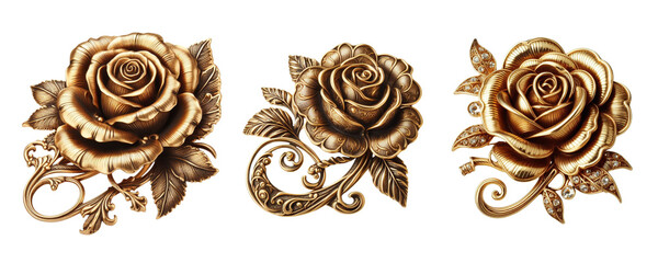 3 Old fashioned rose brooch made of gold with intricate design isolate on transparent background