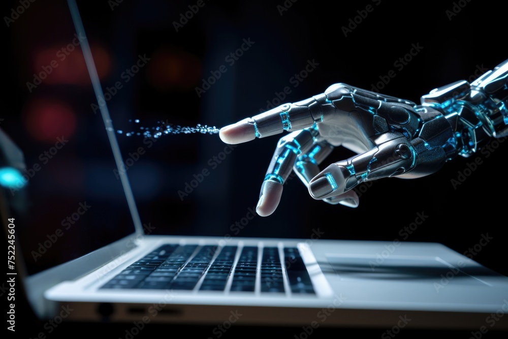 Aufkleber hand of futuristic robot press the button on keyboard. conceptual technology design.