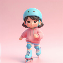 A cute girl, wearing a sky blue helmet and knee pads, is enjoying inline skating.