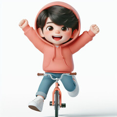 The boy in a pink hoodie is riding a bicycle, lifting both hands off the handlebars and feet off the pedals. He seems to be floating with joy.