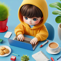 The young boy wearing a yellow hoodie is working on his assignment with a laptop.