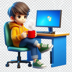 The boy wearing a yellow hoodie is sitting at a desk with a computer, enjoying a warm cup of tea.
