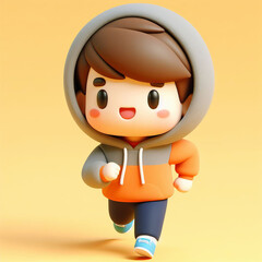 A boy wearing an orange and gray mixed hoodie is joyfully jogging.