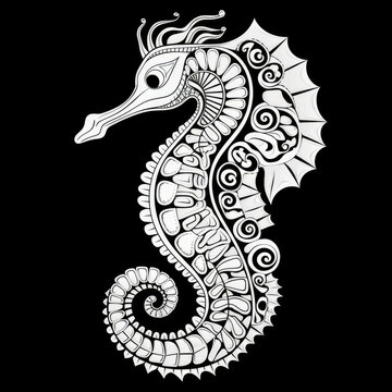 Seahorse Mandala Style Illustration, black and white