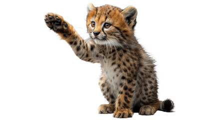 A digitally created young cheetah cub waving with a friendly gesture against a white background, with detailed fur texture - obrazy, fototapety, plakaty