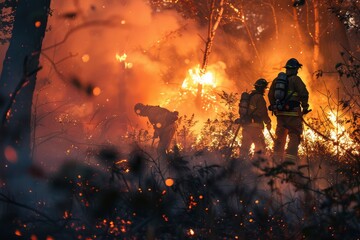 Professional firefighters in protective clothing and helmets extinguish a fire in forest. Firefighters douse the burning forest and save nature. Emergency situation, environmental disaster