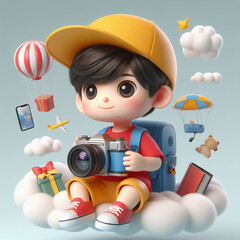 The boy, wearing a yellow hat and looking somewhere with a camera, is full of curiosity and happiness. Happy objects float in the background, indicating the boy's interesting state of mind.