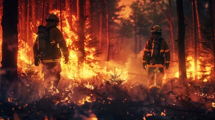 Professional firefighters in protective clothing and helmets extinguish a fire in forest. Firefighters douse the burning forest and save nature. Emergency situation, environmental disaster - obrazy, fototapety, plakaty