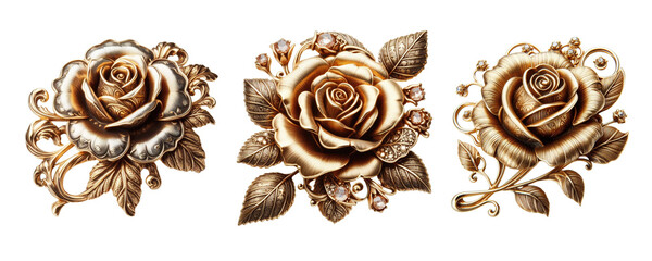 3 Old fashioned rose brooch made of gold with intricate design isolate on transparent background