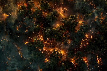 Burning forest view from above. Environmental problem, fire in the forest. Smoking area of trees in nature, view from a drone