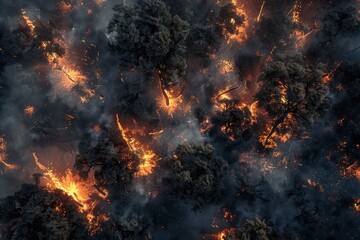 Burning forest view from above. Environmental problem, fire in the forest. Smoking area of trees in...