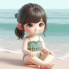 A little girl in a green bikini is sitting on the beach. She is staring at somewhere with a happy expression.