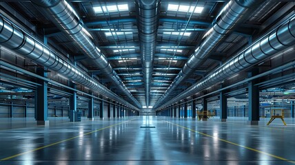 Brightly lit industrial air ducts in a spacious warehouse