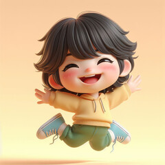 In a yellow hoodie and green pants, a young boy resembling a forsythia jumps as if flying with open arms and a bright smile.