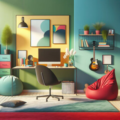 This is a room interior for a boy. The green-colored walls and a guitar catch the eye.
