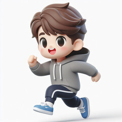 The boy wearing a gray hoodie and navy sweatpants with stripes is running hard.