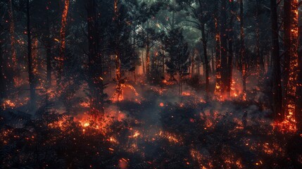 Fire in the forest, burning forest. Ecological disaster, natural emergency. Sparks of fire, flaming branches and trees, smoke