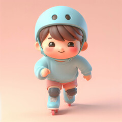 The cute young Asian boy, wearing a sky blue helmet and even knee pads, looks safe. He is rollerblading.