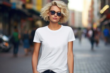 White blank t shirt mock up. Woman on street