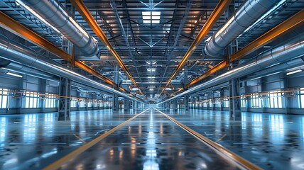 Brightly lit industrial air ducts in a spacious warehouse