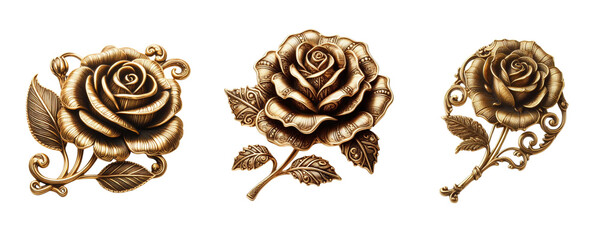 3 Old fashioned rose brooch made of gold with intricate design isolate on transparent background - obrazy, fototapety, plakaty