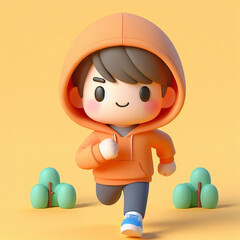 The young boy wearing an orange hoodie is jogging in the park