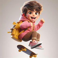 The boy wearing a pink hoodie and riding a board is laughing enthusiastically with an excited and interested expression.