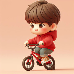 The young boy wearing a red hoodie is riding a red bicycle.