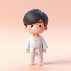The young Asian boy is wearing a white Taekwondo uniform and standing facing forward.