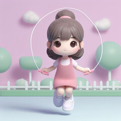 The girl wearing a pink dress is skipping rope in the park.