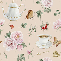 Rose hip pink flowers, red berries, leaves, white porcelain teaware and butterflies, watercolor seamless pattern on beige background. For use in design, fabric, textile, scrapbooking, wallpaper, wrapp