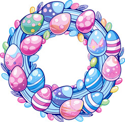 Easter wreath with colorful eggs. Easter greeting card. Modern sticker. Frame of easter eggs for decoration, scrapbooking. Design element. pastel colors. Spring holiday. 
