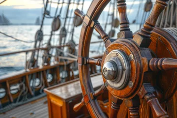 Gordijnen Classic ship wooden wheel and part of the deck © Fabio